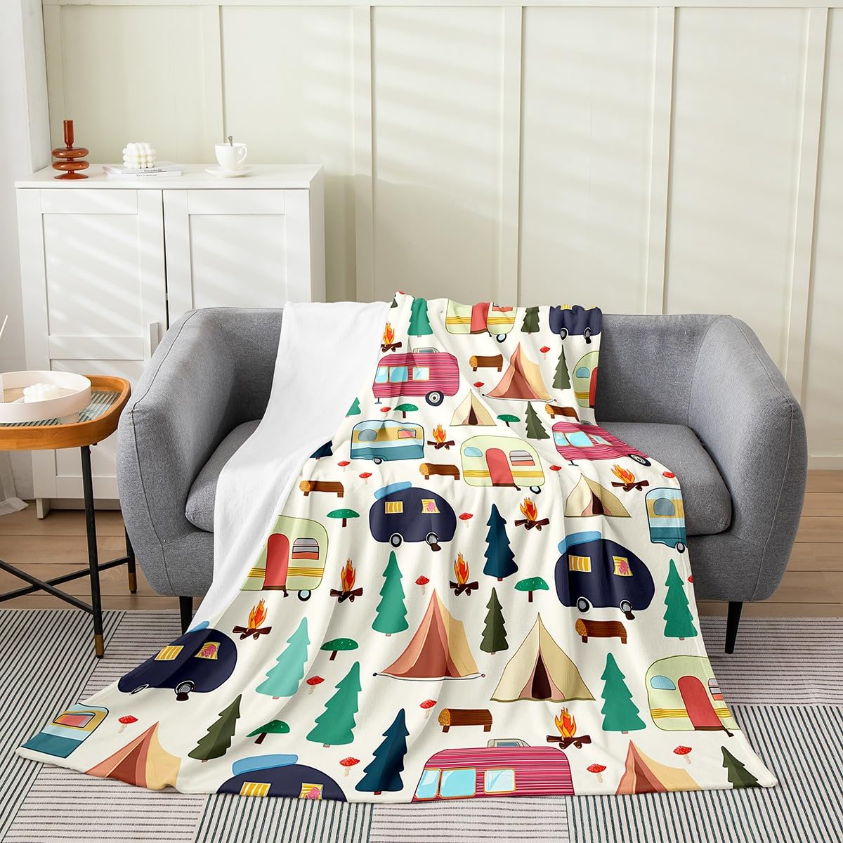 Feelyou Colorful Camper All Season,Bed Blanket Happy Camping Plush Throw Blanket, for Sofa Couch Kids RV Camping Flannel Fleece Blanket Cartoon