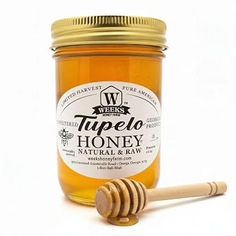 Weeks Honey Farm Georgia Tupelo Honey Raw & Unfiltered, Certified Kosher, Wild Tree Sourced Premium Honey, USA Harvest, 10 oz Glass Jar