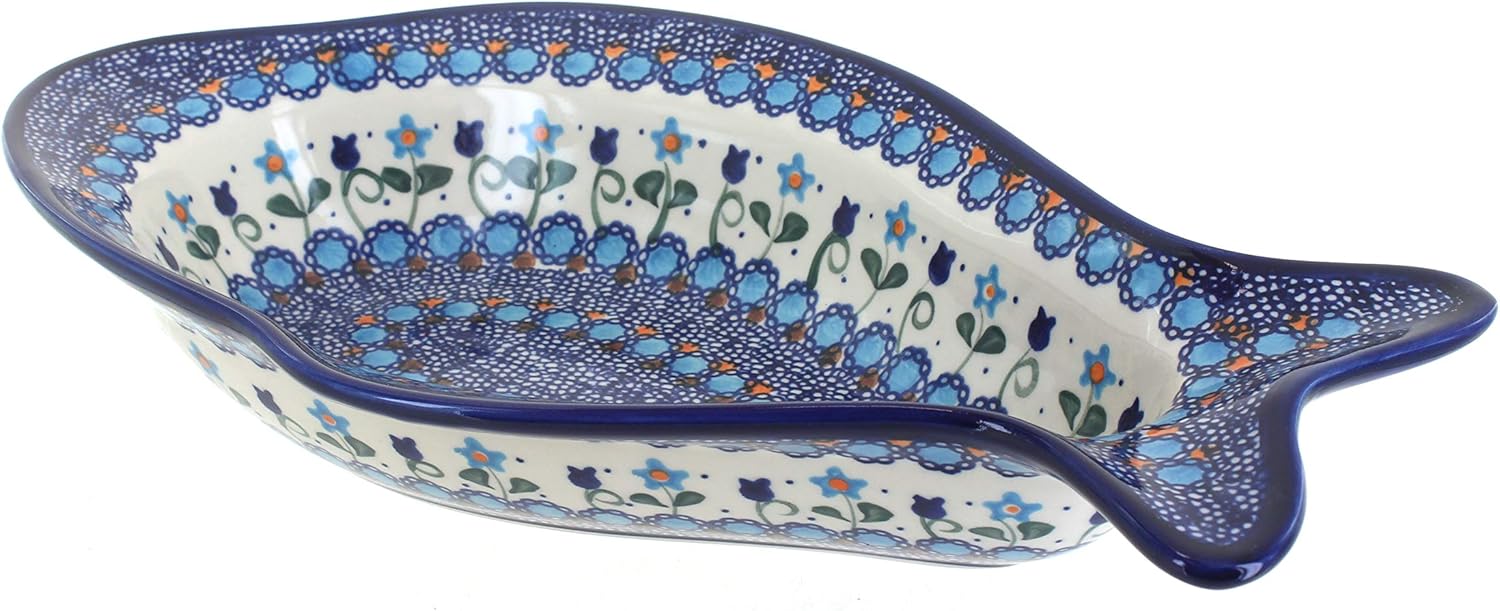 Blue Rose Polish Pottery - Blue Savannah Deep Fish Dish - 14" x 7.5" - Unique Platter for Dinner Parties, Very Durable & Dishwasher Safe