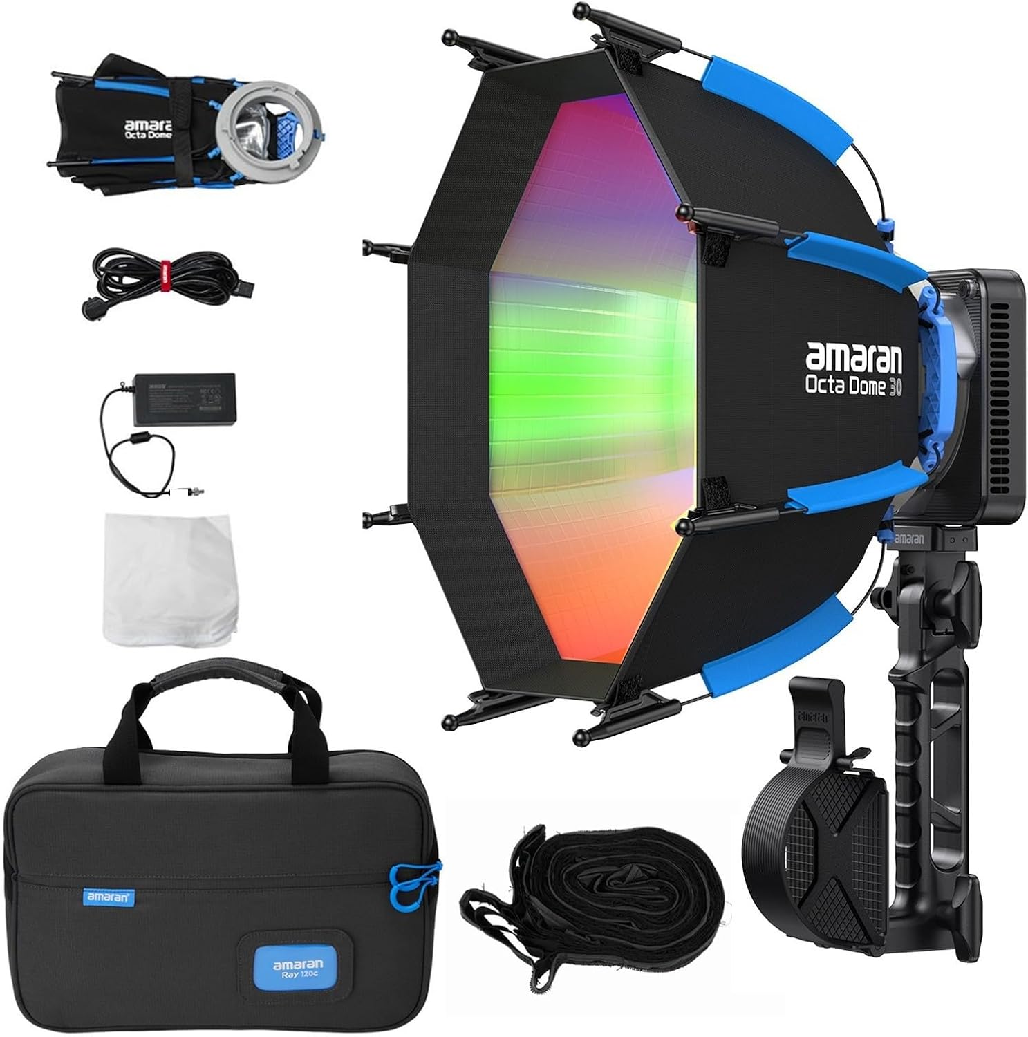 Amaran Ray 120c Full Color RGB Video Light,120W Compact Bowens Mount COB LED Light with Octa Dome 30 Softbox,CCT 1,800K-20,000K,APP Control for Photography,Live Streaming