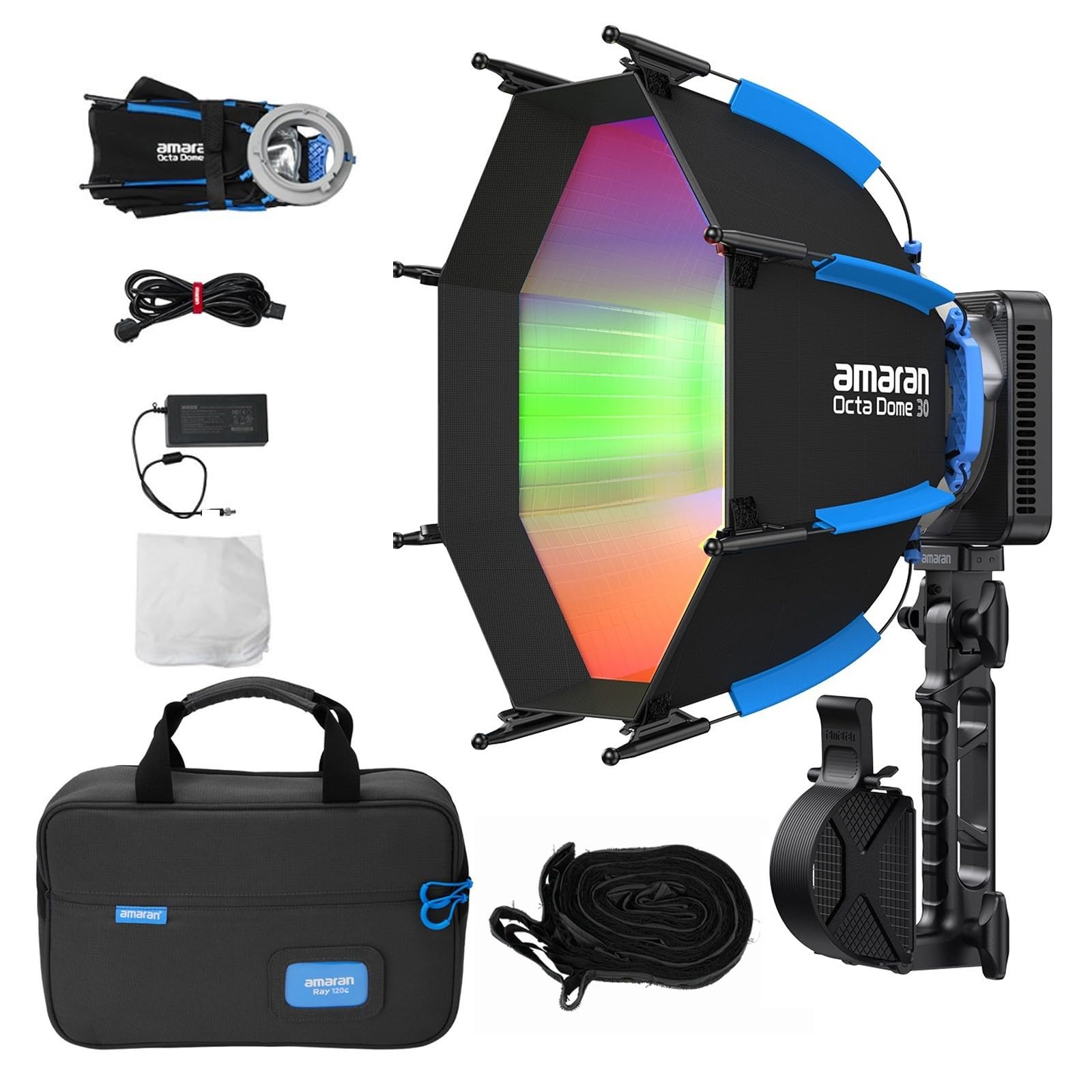 Amaran Ray 120c Vollfarb-RGB-Videoleuchte, 120 W kompakte Bowens-Mount COB-LED-Leuchte mit Octa Dome 30 Softbox, CCT 1.800 K–20.000 K, App-Steuerung für Fotografie und Live-Streaming