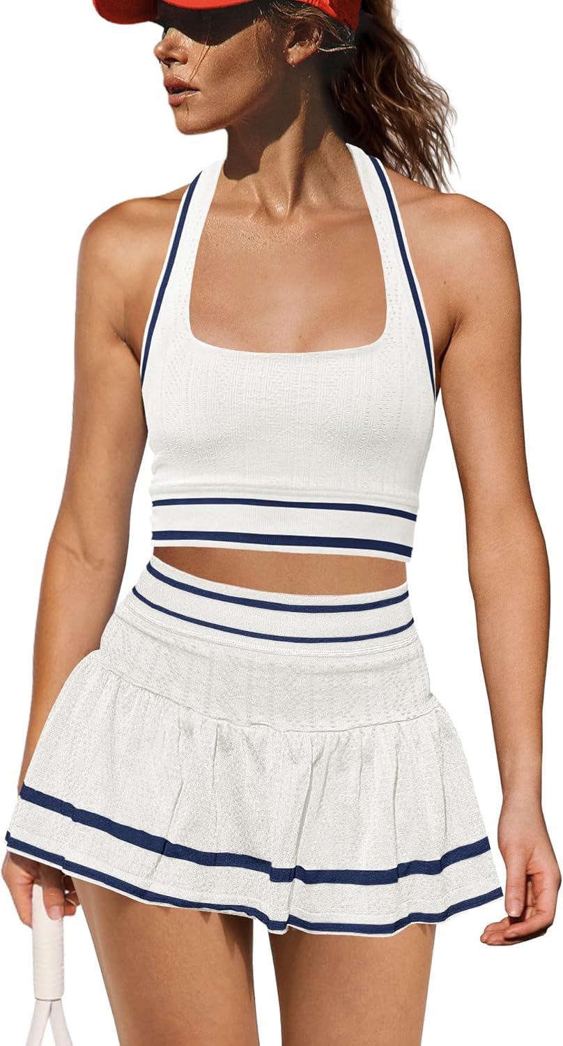 ReachMe Womens Two Piece Tennis Skirt Set 2 Piece Golf Outfits Halter Top and Mini Skorts Matching Workout Sets - Image 7