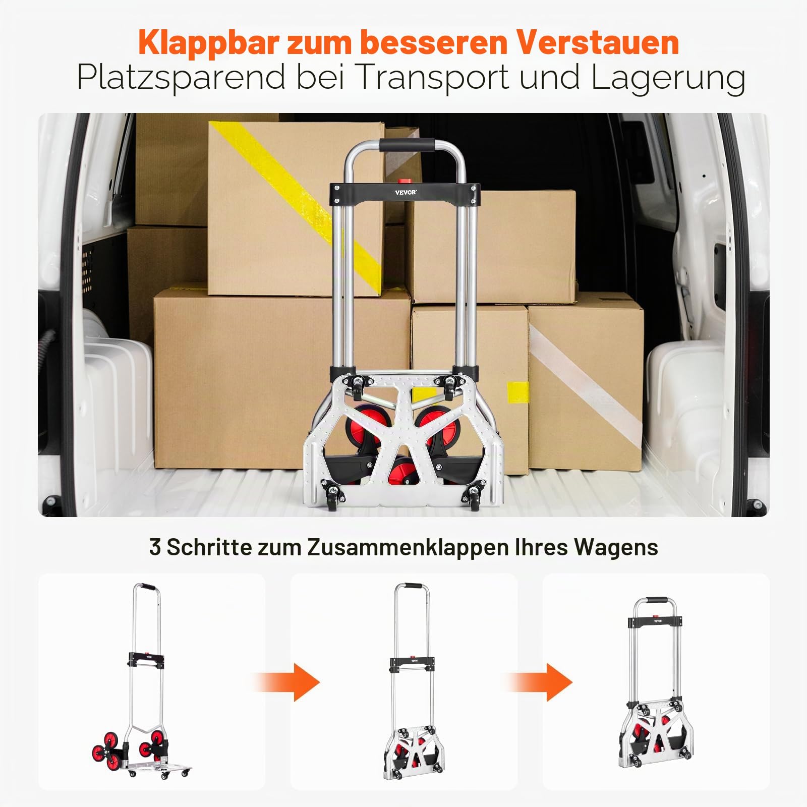 VEVOR Sackkarre 490 x 475 x 1150 mm, Treppensteiger, Treppensackkarre 118 kg, zusammenklappbarer Trolley mit Teleskopgriff, 10 Rädern & 2 elastischen Seilen für Zuhause, Einkaufen, Umzüge & Lager