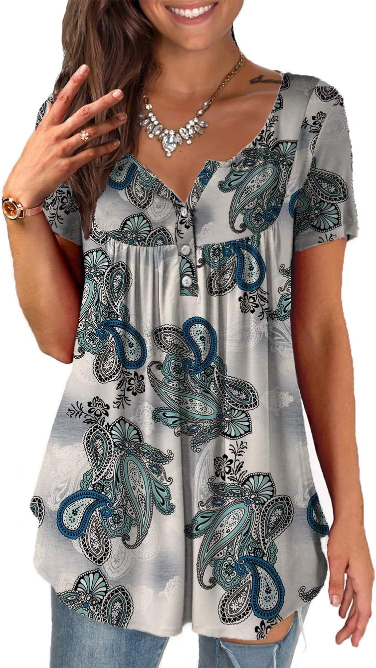 A.Jesdani Women's Plus Size Summer Tunic Top - Short Sleeve Floral Henley Blouse, Acid Blue, 1X - View #11