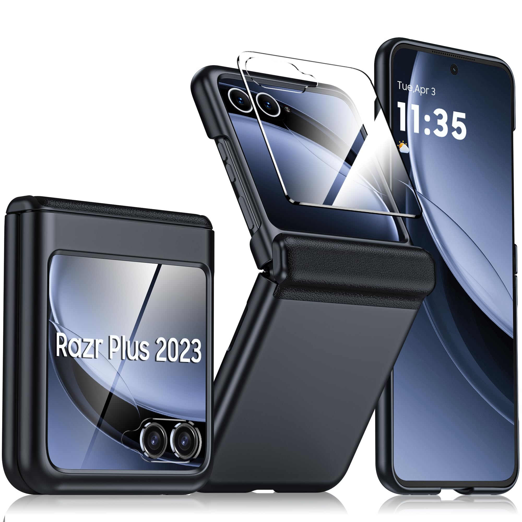 for Motorola Razr Plus 2023 case, Built-in Screen Protector & Hinge Protection & Ultra Thin Matte PC Shockproof Phone Cover Smartphone Case for Moto Razr Plus 2023 (Black)Carbonfree Certified