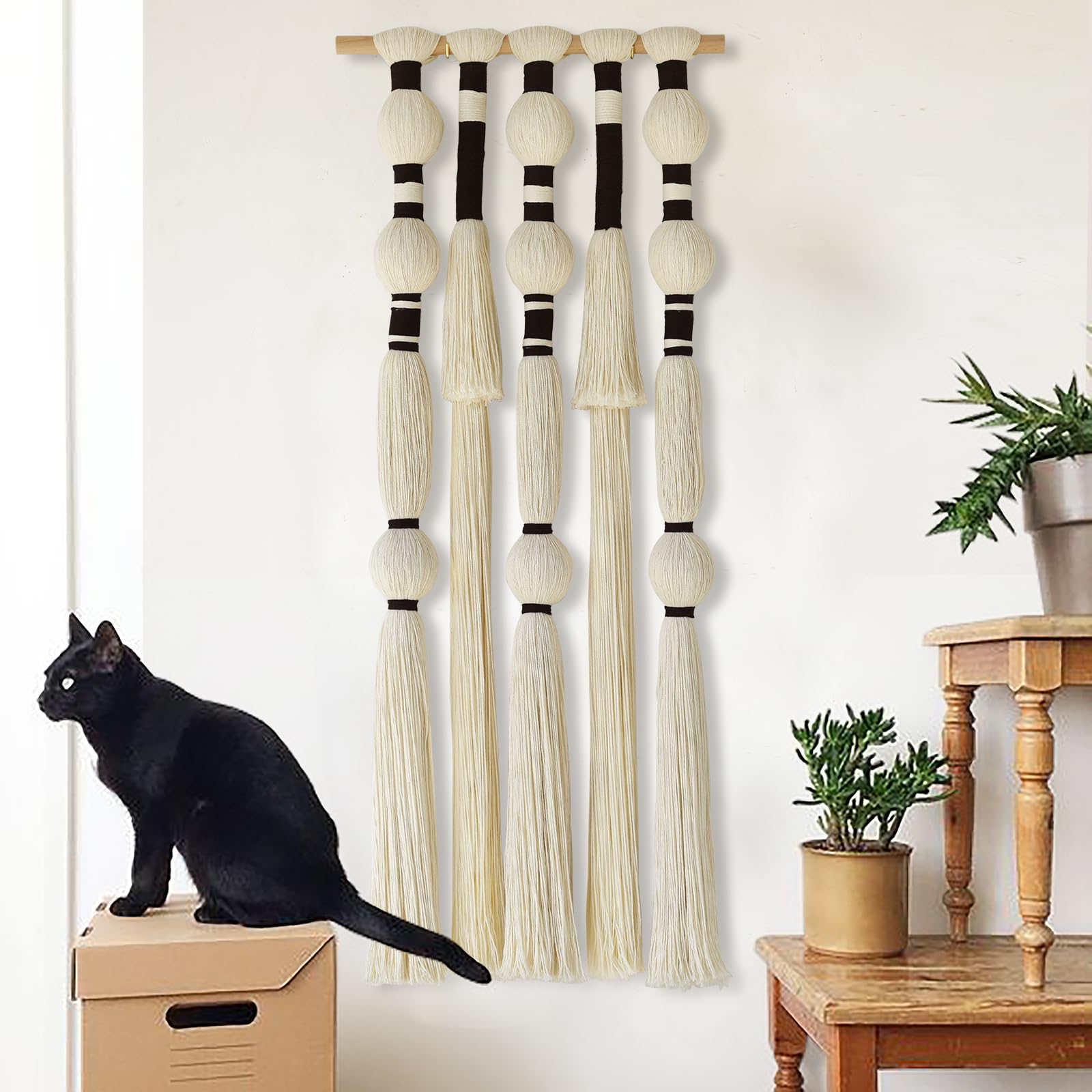 Flber Macrame Wall Hanging Tassels Sphericity Cotton Textile Hanging Geometric Yarn Wall Art for Bedroom Living Room Decor 15.7" W x 39" L