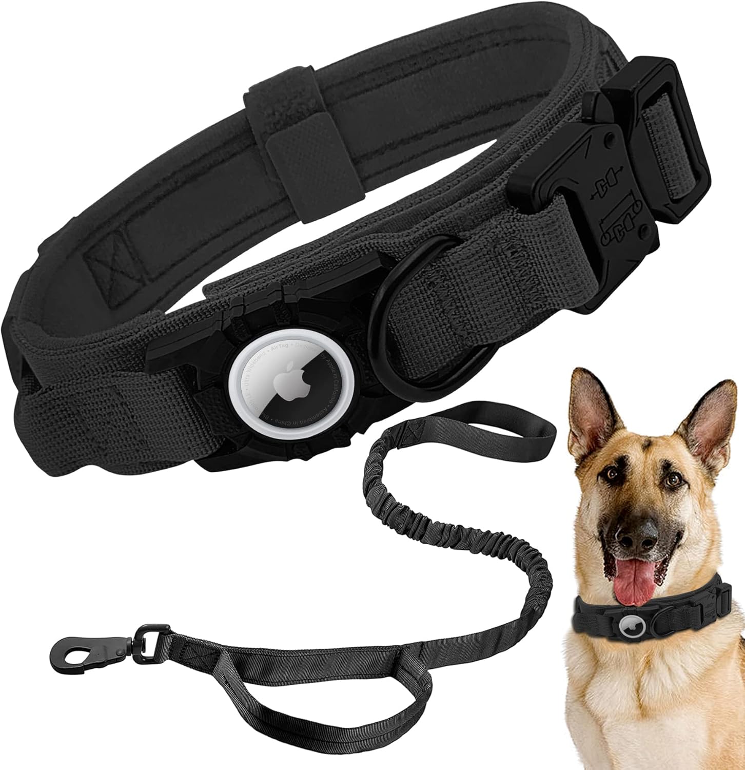Tactical AirTag Dog Collar Leash Set[L,Black],Heavy Duty