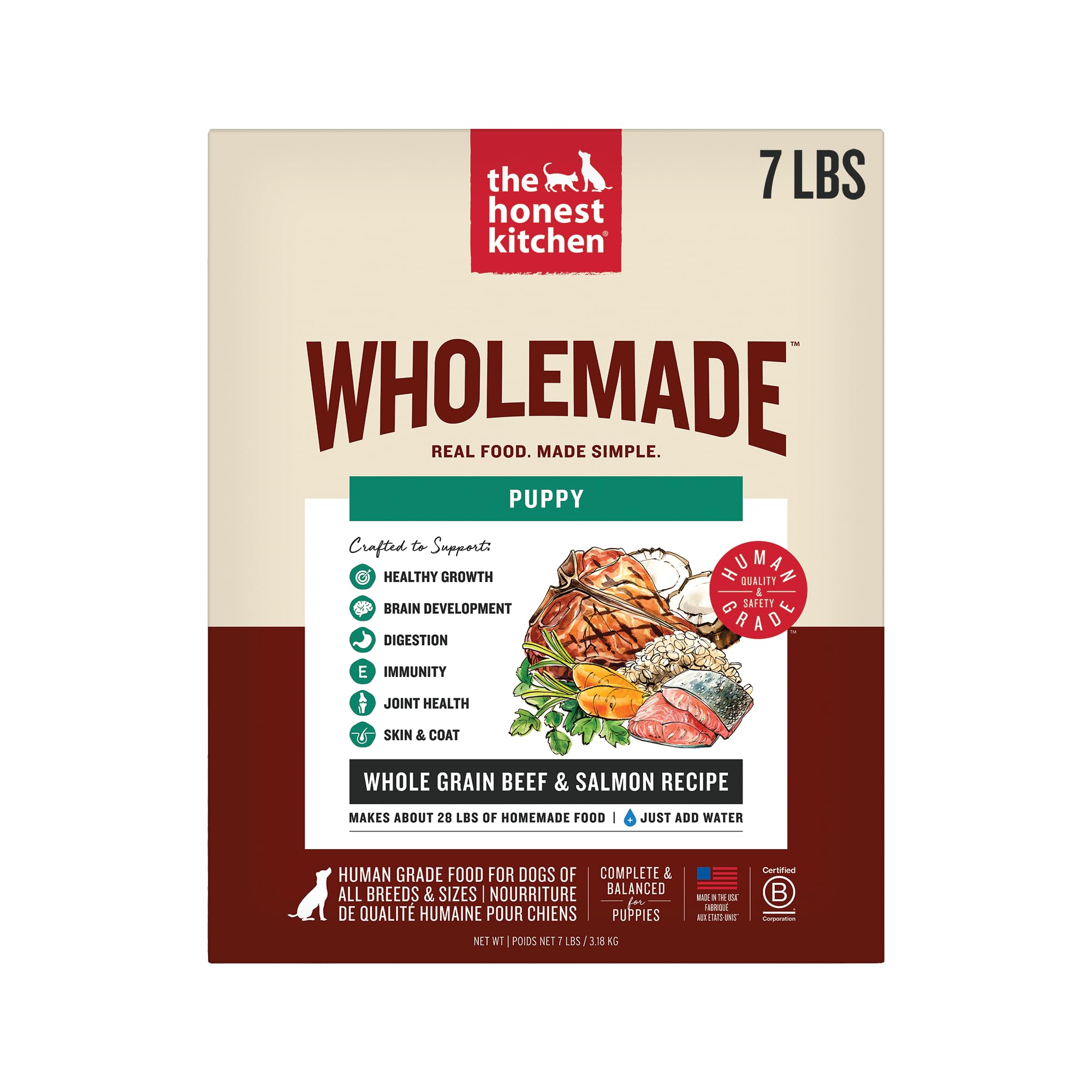 The Honest Kitchen Wholemade Whole Grain Puppy Food, Beef &amp; Salmon Recipe, Human Grade Dehydrated Food for Puppies, Just Add Water, Topper for Dry or Wet Dog Food, 7 lb Box Makes 28 lbs