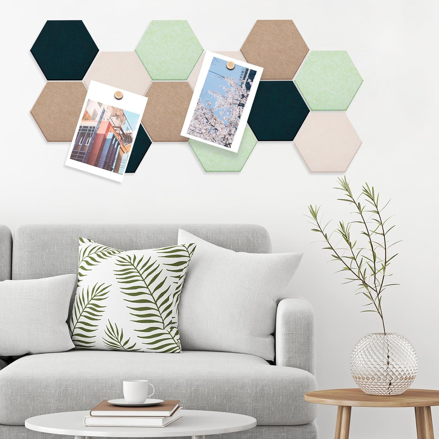 Mindsoft 16 Pcs Hexagon Cork Board for Walls with 50 Wooden Push Pins 12x10 in Felt DIY Tiles Notice with Nano Tape Hanging Bulletin Board for Home Photo Office Memo Note (Green)