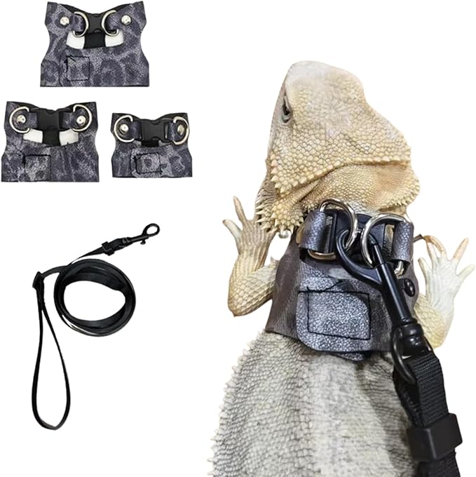 3 Pack Bearded Dragon Harness and Leash Set - Adjustable Soft Leather Lizard Harness Leash Small Animal Traction Rope Training Walking Vest Accessories for Reptile Squirrel Rat (Blue Leopard)
