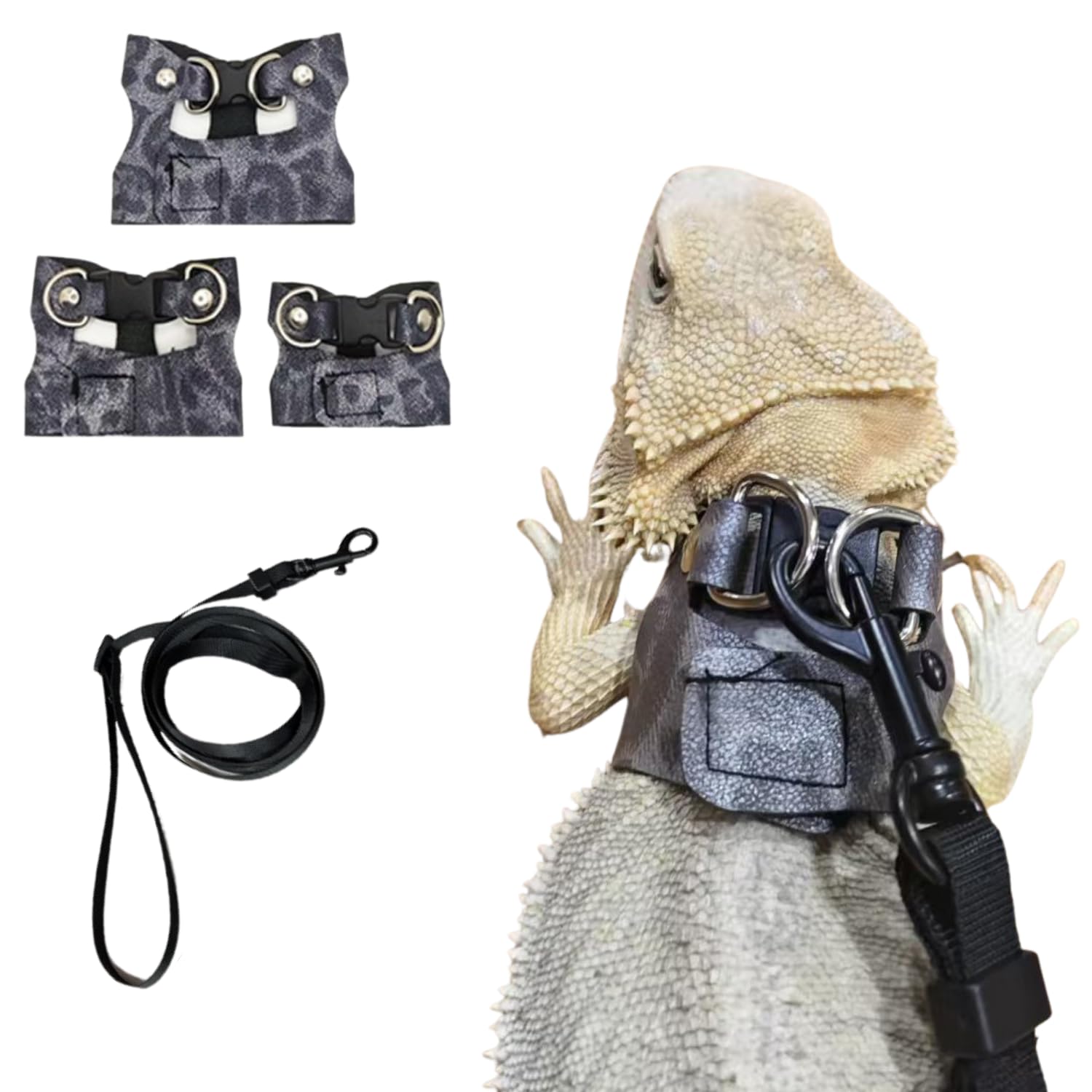 3 Pack Bearded Dragon Harness and Leash Set - Adjustable Soft Leather Lizard Harness Leash Small Animal Traction Rope Training Walking Vest Accessories for Reptile Squirrel Rat (Blue Leopard)