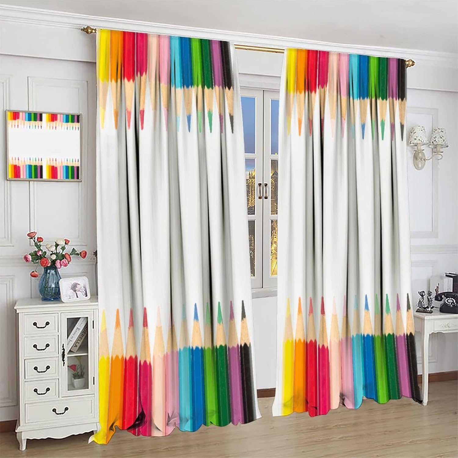 Colored Pencil Curtains, Colored Pencil Drawing Theme Elementary School Creative, Kids Boys Girls Bedroom Kitchen Cafe Decorative Curtains, 2 Sets of Panels, 52x84 Inch. Multi-Color