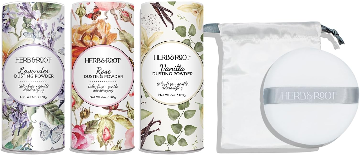 Herb & Root Body Powder Gift Set- Oprah's Favorite Things, 3 Talc-Free Scents: Lavender, Rose, Vanilla, Large Puff