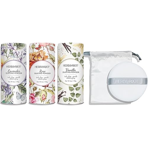 Herb & Root Body Powder Gift Set- Oprah's Favorite Things, 3 Talc-Free Scents: Lavender, Rose, Vanilla, Large Puff