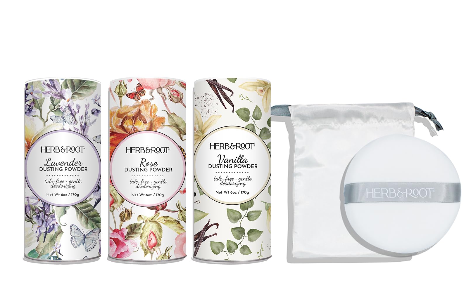 Herb & Root Body Powder Gift Set- Oprah's Favorite Things, 3 Talc-Free Scents: Lavender, Rose, Vanilla, Large Puff