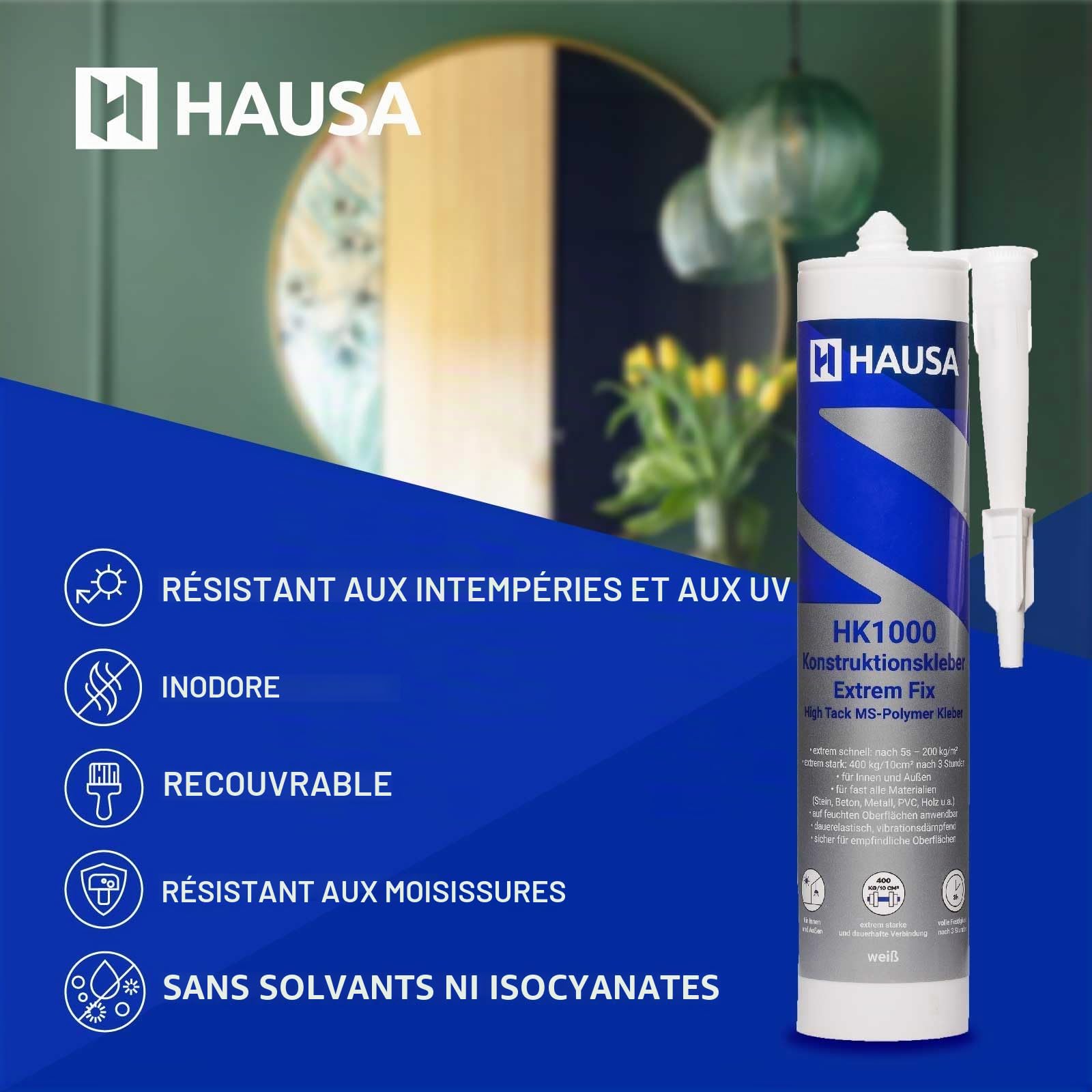 HAUSA Colle de Construction Polymère MS Haute Tack HK1000 avec Presse à Cartouche Colle de Montage 400kg/10cm² après 3h pour Construction Intérieure et Extérieure Colle Tout Usage 1x 290ml Blanc