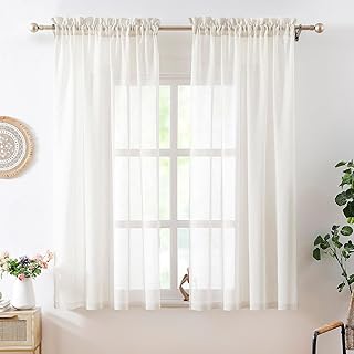 Flax Linen Sheer Curtains for Living Room Bedroom, Beige Vintage Natural Flax Blend Window Drapes for Farmhouse Decor, Rod Pocket, 52