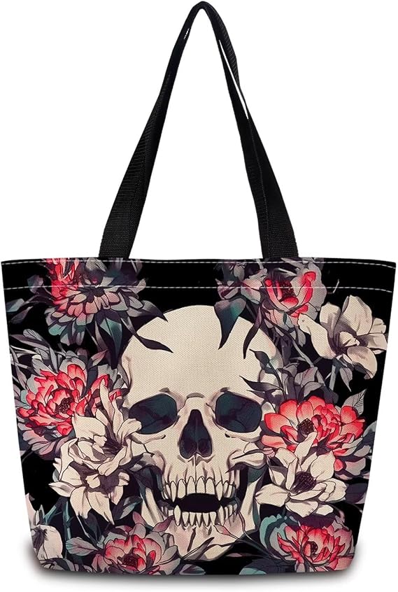Floral Skull Tote Bag Reusable Grocery Bags Cute Aesthetic Shopping Shoulder Handbag with Interior Zipper Pocket Lightweight & Washable Stylish Floral Skull Present for Women