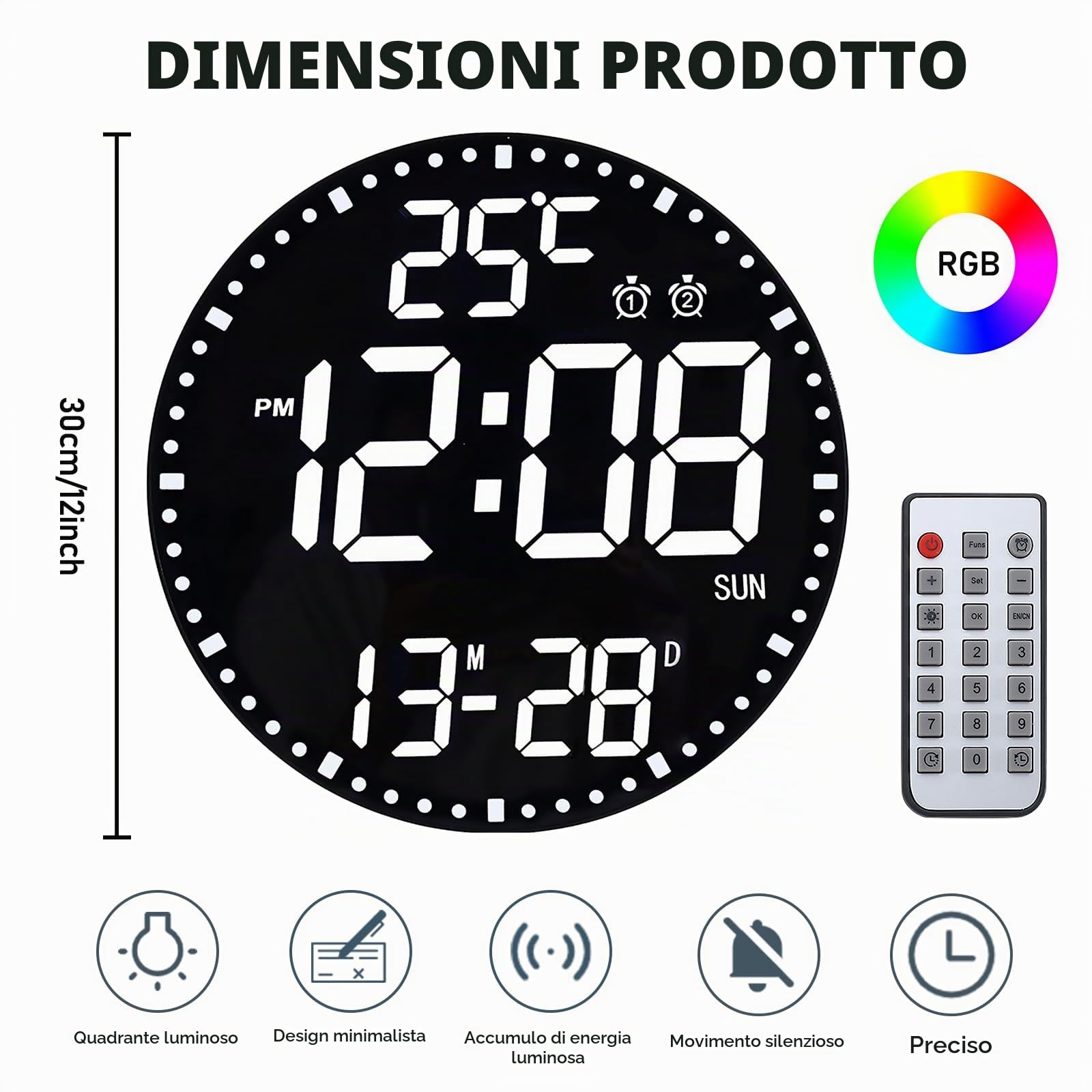 Orologio da parete digitale da 12 pollici con luce notturna, orologio da parete digitale con telecomando, allarme, grande orologio digitale, con luce notturna, 12 colori RGB visualizzazione della