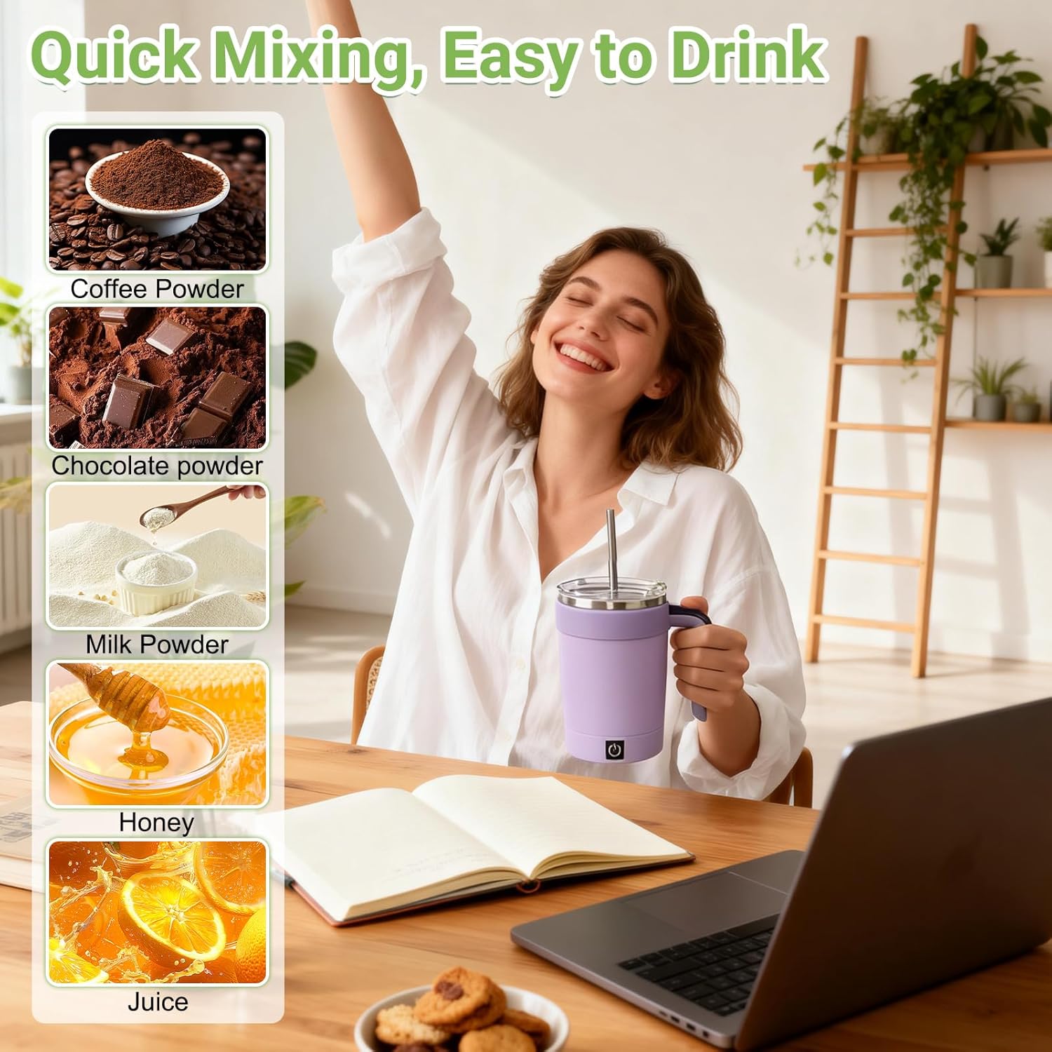 Automatic Stirring Coffee Cup with Temperature Display, Rechargeable Coffee Mug, Self-Stirring Mug with Lid, Smart Mixing Cup for Coffee, Milk and Other Beverages (Purple+Universal base+Straw) - Image 7