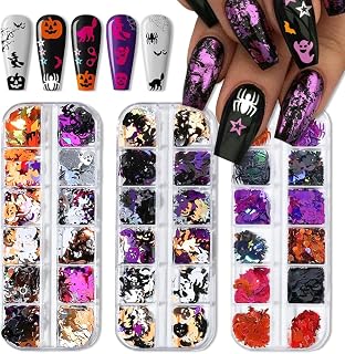 3 Boxes Halloween Nail Art Sequins 3D Holographic Pumpkin Face Spider Ghost Skull Halloween Nail Glitter Sequins Nail Art Supplies Decorations for Women 36 Styles