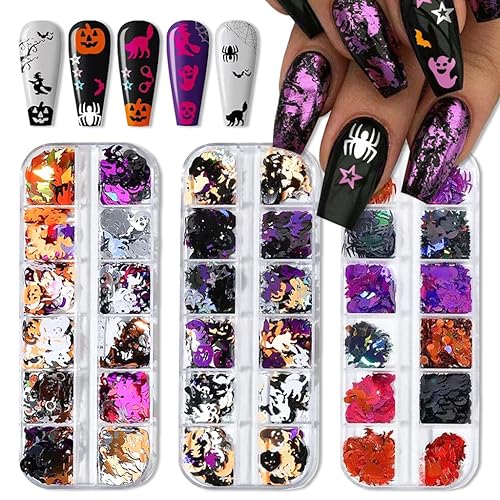 3 Boxes Halloween Nail Art Sequins 3D Holographic Pumpkin Face