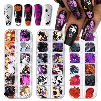 3 Boxes Halloween Nail Art Sequins 3D Holographic Pumpkin Face Spider Ghost Skull Halloween Nail Glitter Sequins Nail Art Supplies Decorations for Women 36 Styles