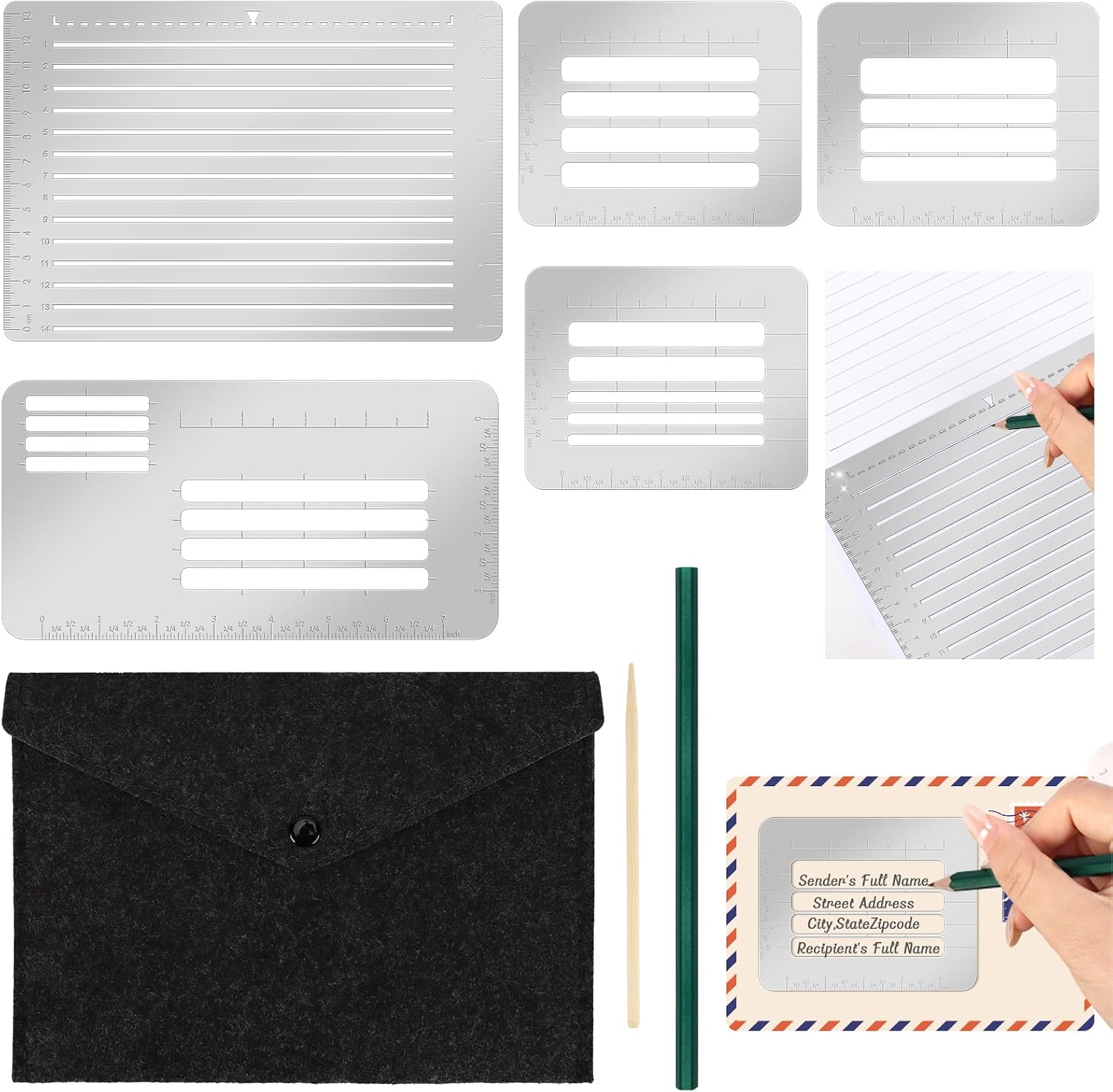 5 Pcs Metal Straight Line Stencil Templates Lettering Aid Template for Journaling Lettering & Writing Envelope Addressing Guide Ruler Set with Multiple Sizes Spacing Lines and Storage Pouch