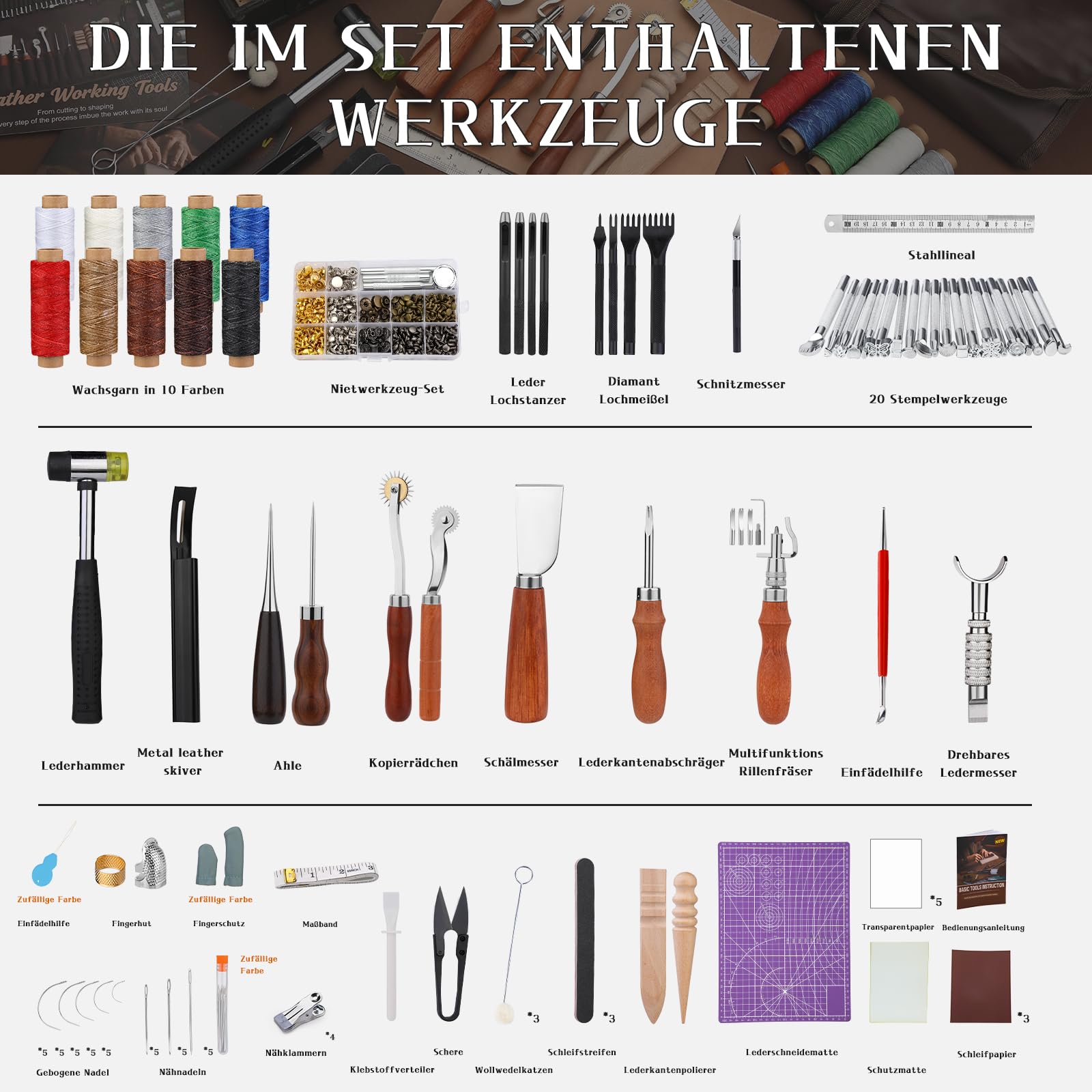 Leder Werkzeug Set, Lederverarbeitung, Leder Nähen Set Mit Lederschnitzwerkzeuge, Krappenstanzwerkzeuge, Mit Aufbewahrungstasche Lederbearbeitung für Lederarbeiten Handnähen