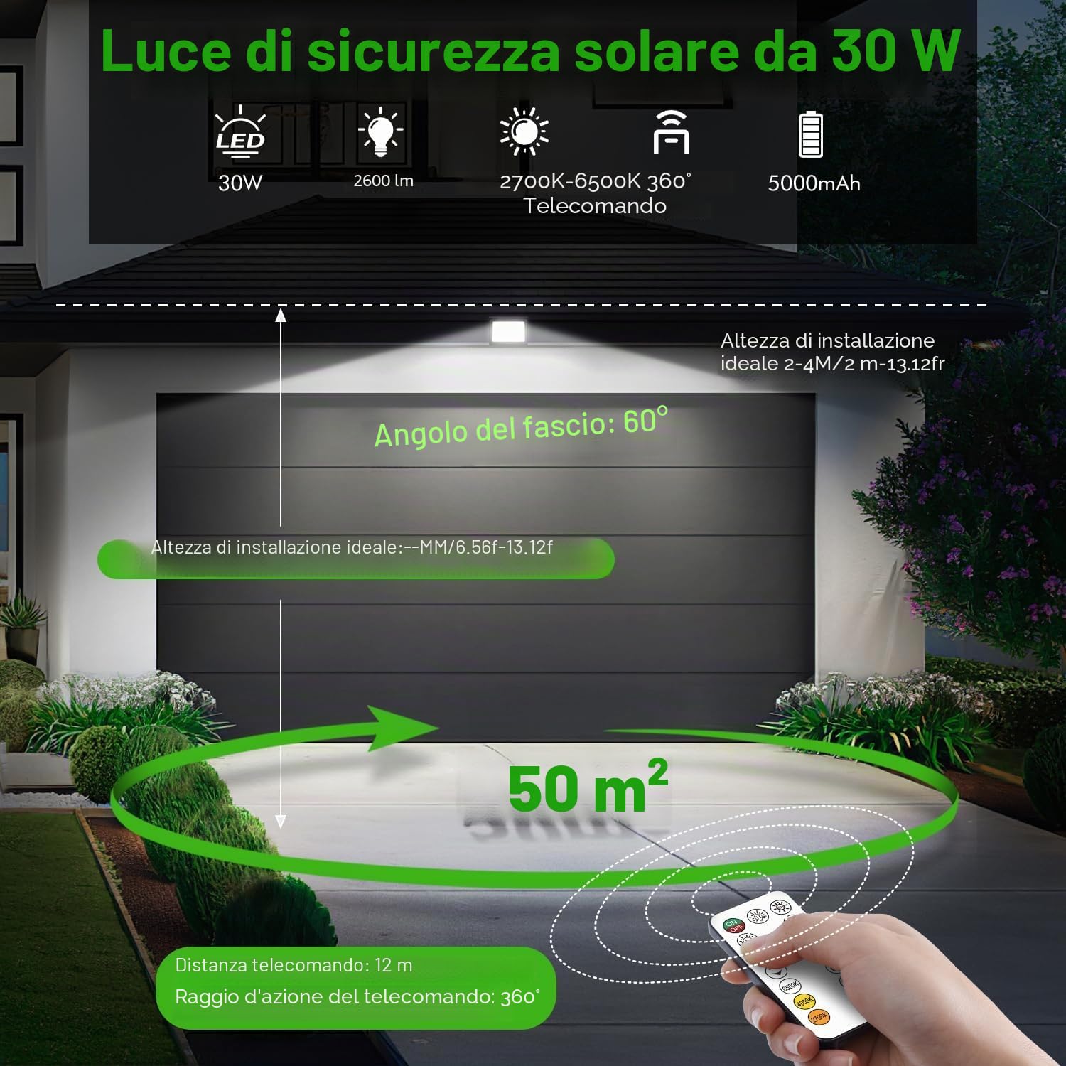 CLY Faretto LED Da Esterno Solare 30W 2600LM Faro LED Esterno 2700K-6500K | Con Pannello Solari Luce Solare Esterno 2 Modalità Dinamiche Timer 5000mAh Faretti Solari Impermeabile IP66 Per Giardino