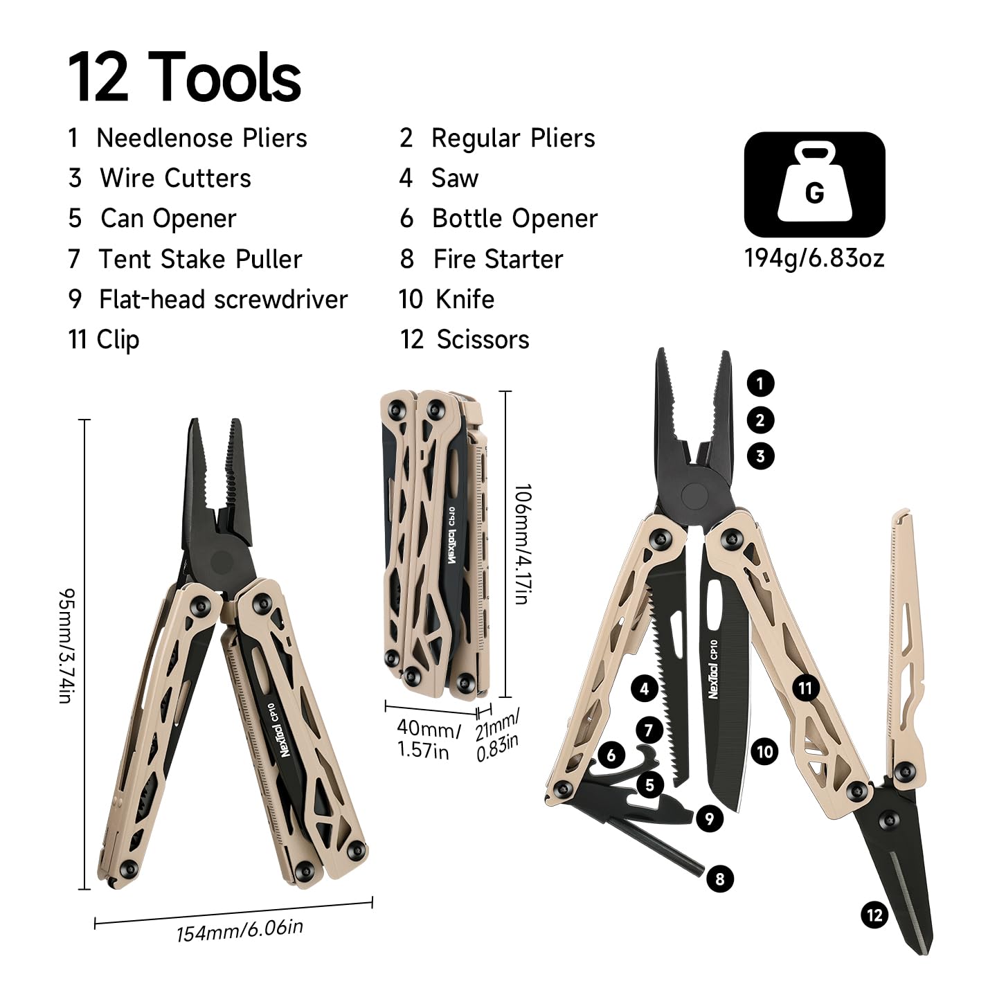 NexTool Camper CP10 Outil Multifonctions 12 en 1 avec Ciseaux, Allume-Feu, Extracteur de Piquets de Tente, Couteau à Cran d'Arrêt, Scie, EDC Équipement pour Activités en Plein Air, Cadeau pour Homme