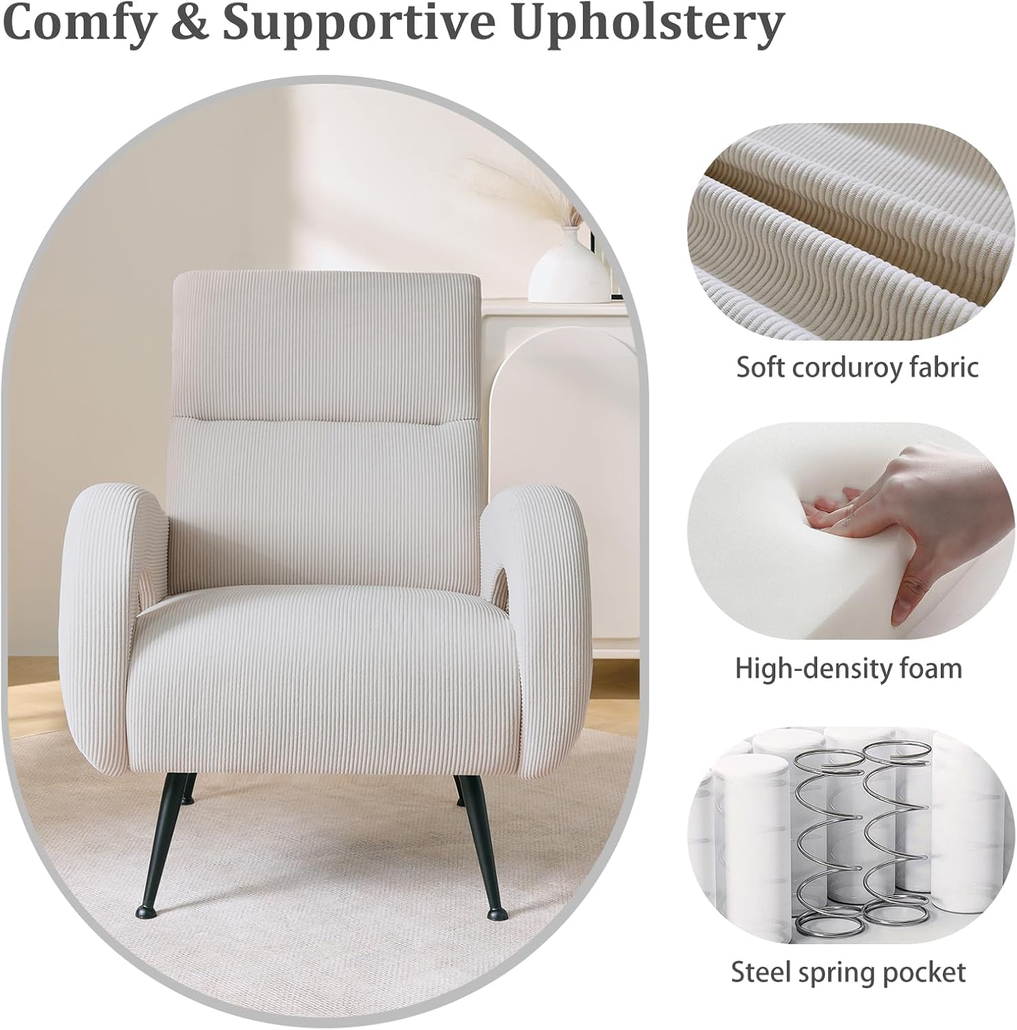 Corduroy Accent Chairs for Living Room, High Back Reading Chairs for Bedroom, Mid-Century Modern Comfy Upholstered Armchar for Bedroom, Reading Nook, Apartment, Beige