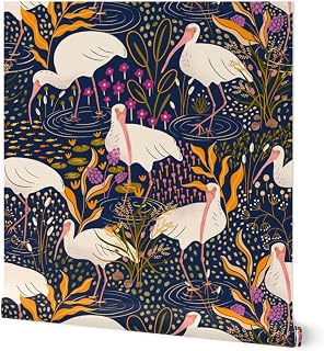 Peel & Stick Wallpaper 12ft x 2ft - Wetland Wild Pink White Blue Yellow Birds Grass Plants Custom Removable Wallpaper by Spoonflower