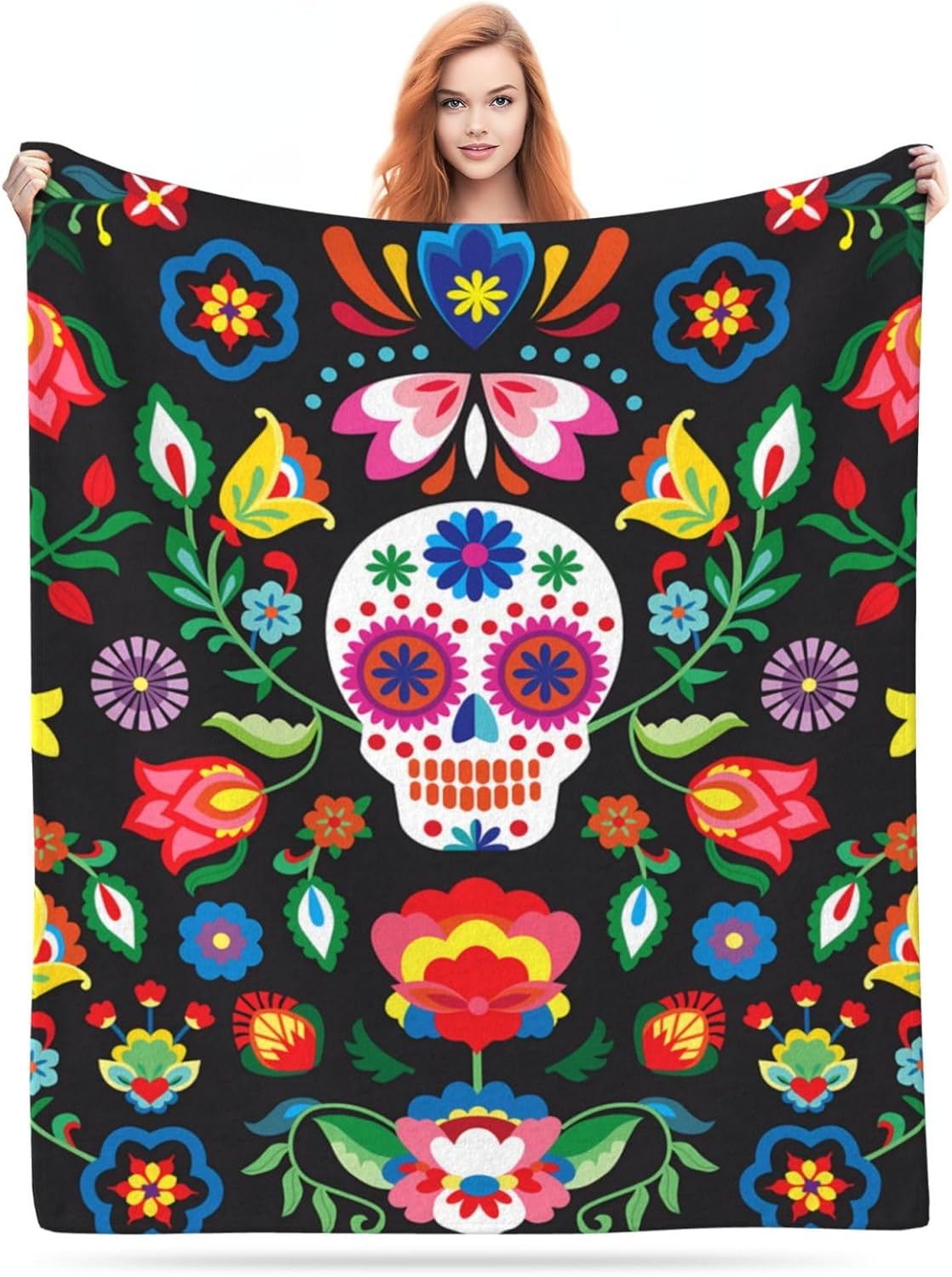 Mexican Skull Skeleton Floral Blanket, Soft Blankets Flannel Bed Throw Cozy Lightweight Plush Gifts for Women Men Boys Girls Sofa Couch Bedroom Living Rooms Warm All Season, Home Decor, Small 50"x40"