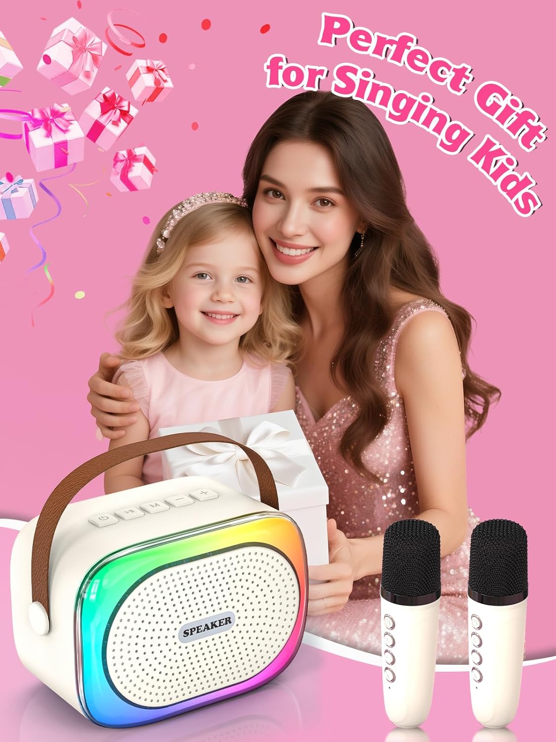 Mini Karaoke Machine for Kids Girls Boys Ages 3-12, Portable Bluetooth Speaker Car Karaoke with 2 Wireless Microphones with Voice Changing & LED Lights, TOP Birthday for Teen Child - Image 7