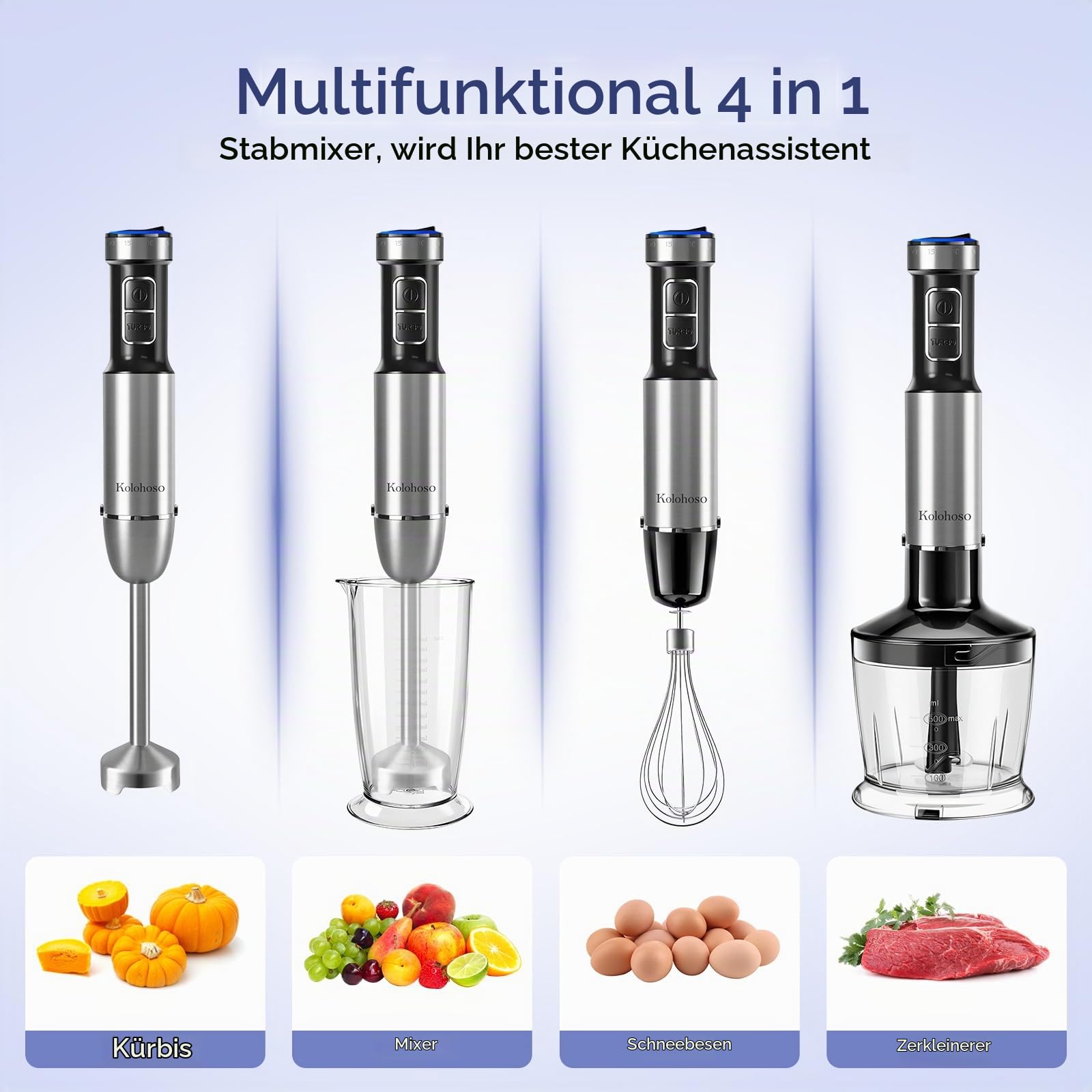 1500W Stabmixer, 4-in-1 Pürierstab, 25 Geschwindigkeitsstufen & TURBO | Stabmixer Set mit Schneebesen und 700ml Messbecher, zur Zubereitung von Babynahrung, Soßen und Suppen