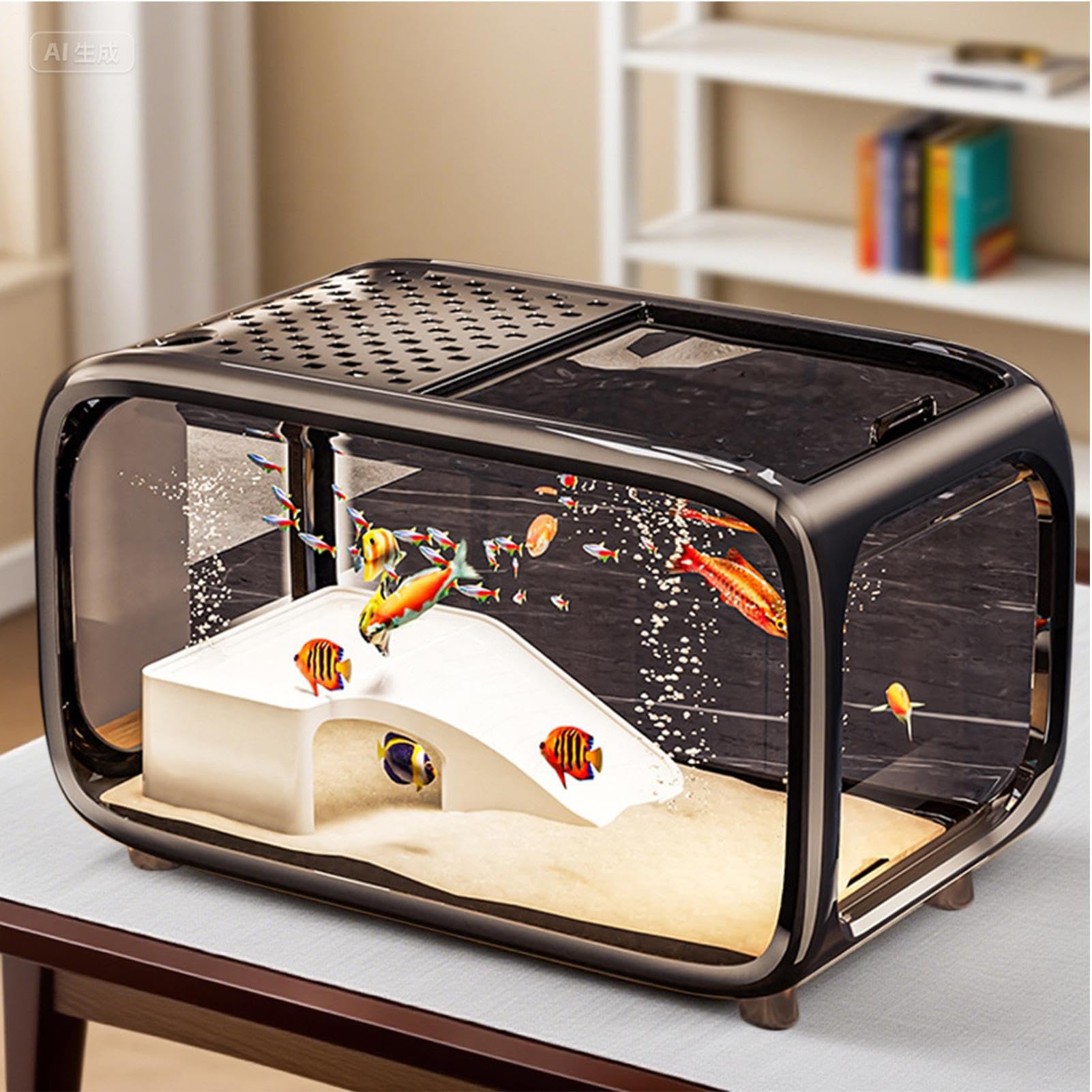 Acuario De Escritorio Pecera De Escritorio Para Tortugas Con Decoración De | Recipiente De Paisaje Acrílico Transparente Con Orificio Para Alimentación Para Animales Acuáticos Como Betta