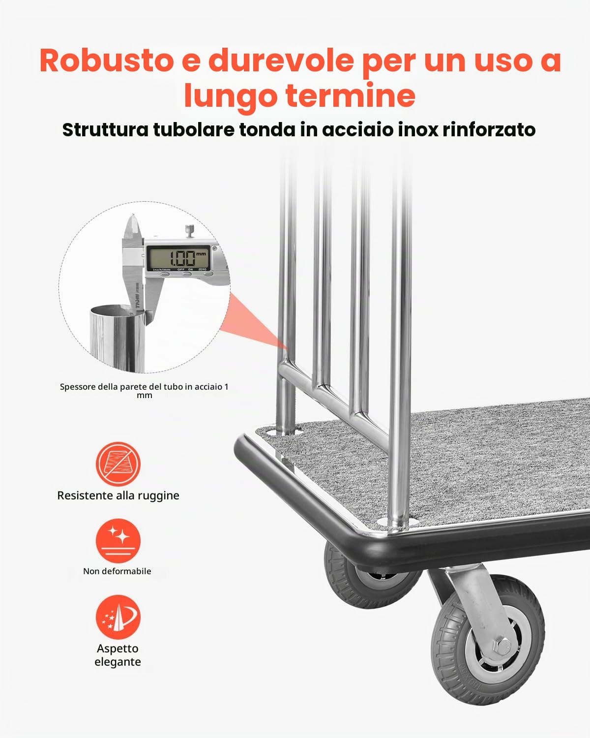 VEVOR Carrello Portavaligie per Hotel, Capacità di Carico di 362 kg Carrello Trasporto Portavaligie con Ponte in Moquette Grigia e Ruote in Gomma da 152,4 mm per Hotel, Condomini, Resort, Argento