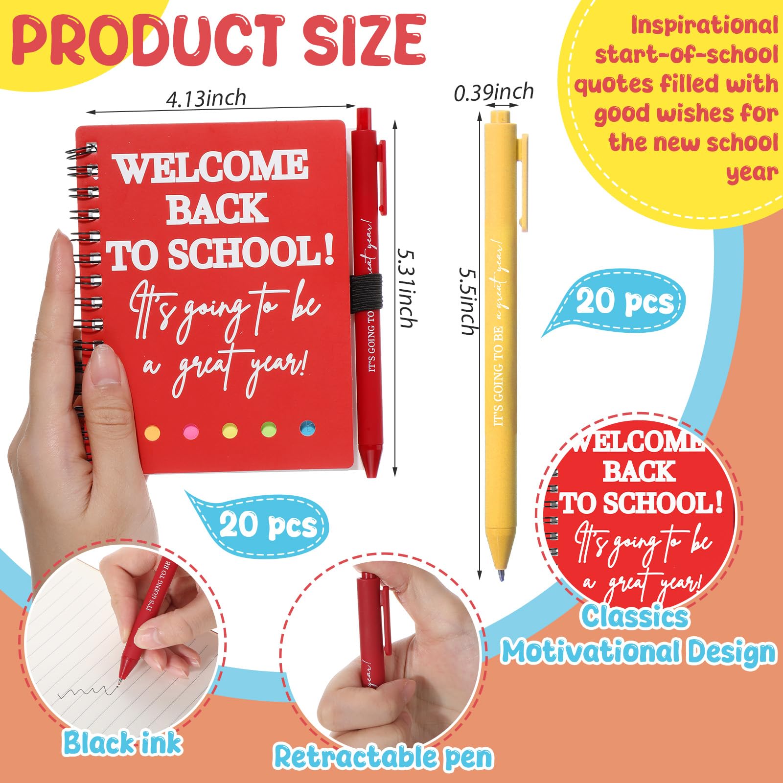 Dunzoom 40 cuadernos de bienvenida para el regreso a clases, 20 cuadernos para el primer día de escuela, con pestañas adhesivas, 20 bolígrafos inspiradores para recompensa para profesores y