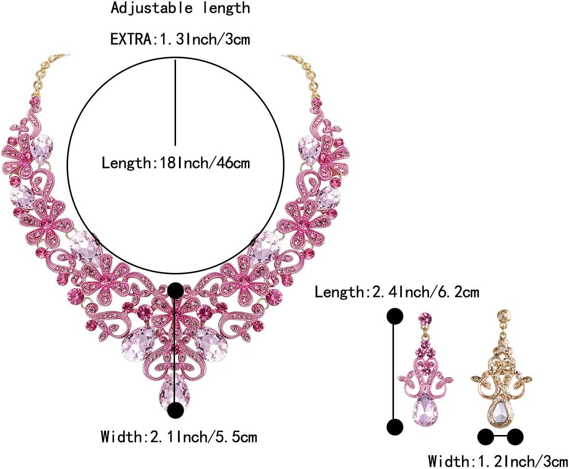 BriLove Women's Costume Elegant Crystal Flower Scroll Teardrop Statement Necklace Dangle Earrings Set for Wedding Party Prom Accessories