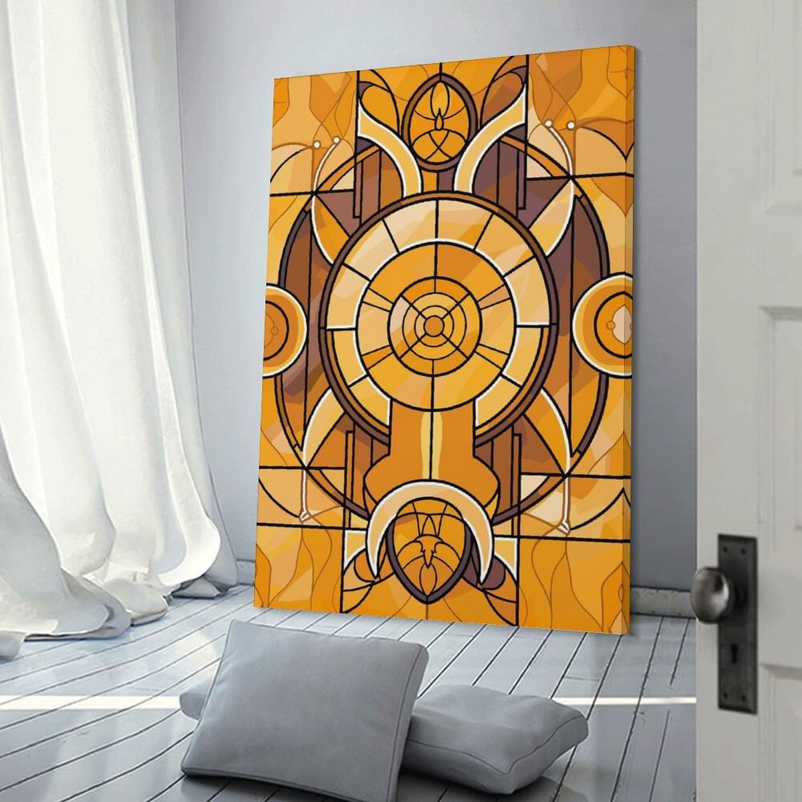 Junmoney Art Deco Stained Glass Window Canvas Wall Decor 24x36inch(60x90cm), for Calm Bedrooms, Home Corners Or Flats, An Easy Wall Refresh for Bedrooms