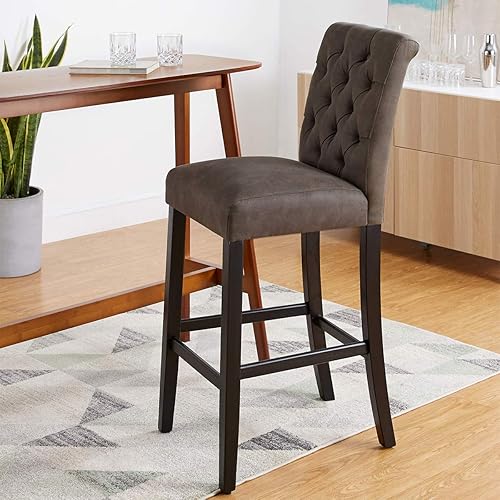 Miniatura 2 de CangLong Taburete de bar tapizado Mid-Century de cuero con patas de madera, color marrón (KU-191322)