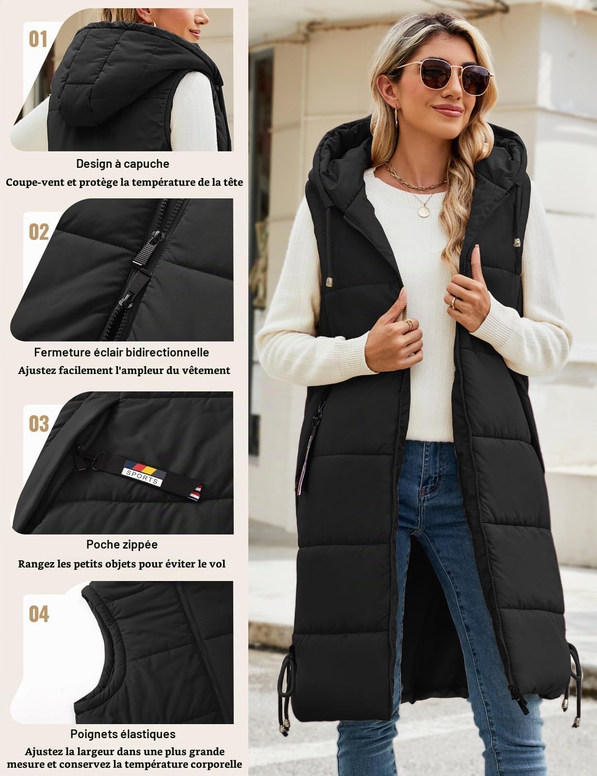 Vancavoo Doudoune Longue Sans Manche Femme,Veste Longue Sans Manche Manteaux Extérieure à Courtepointe Blouson Capuche Gilet Sans Manche Hiver