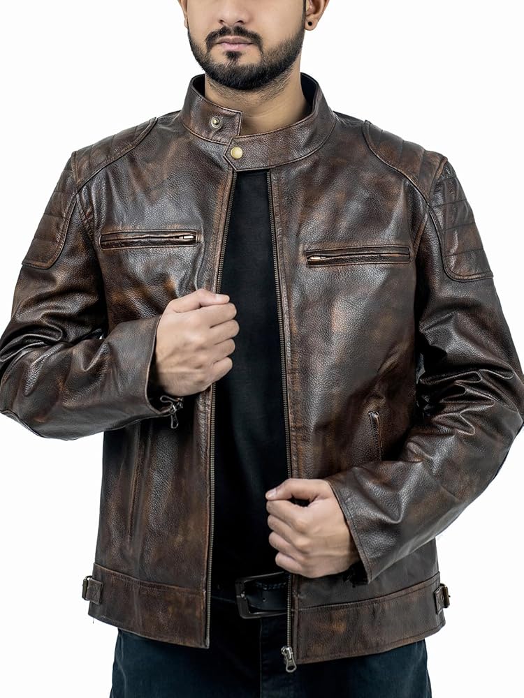 Waabastaa Mens Distressed Brown Leather Jacket - Vintage