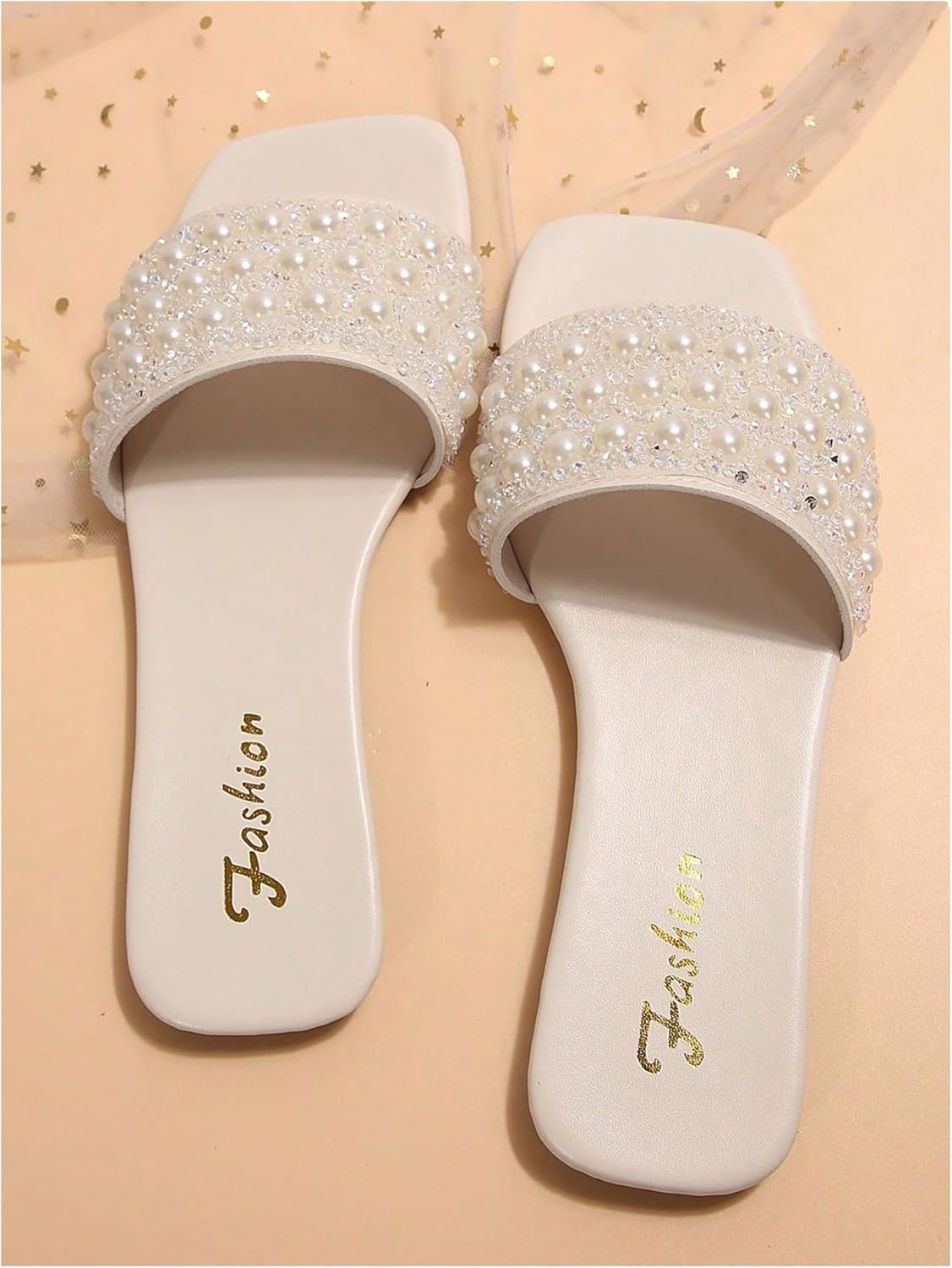 Verdusa Women's Vacation Faux Pearls Square Open Toe Slip on Slippers PU Leather Elegant Flat Sandals - Image 3