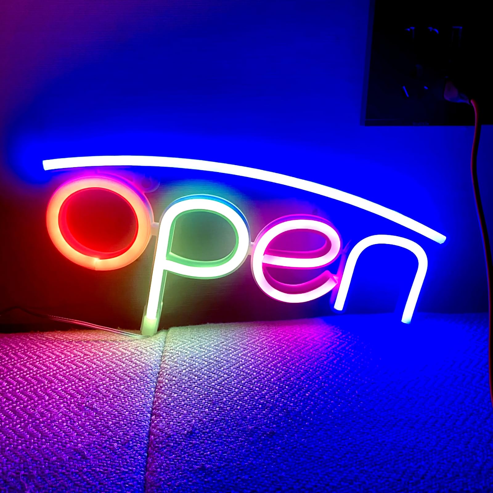 HFHungkeong Open Neon Sign LED Night Light for Restauraut Bar Salon Hotel Store Movie Theatre Cafe Club Bank Wall Window Decoration USB Powered(Upper Sea Blue and Lower Red-Green-Pink-Blue)