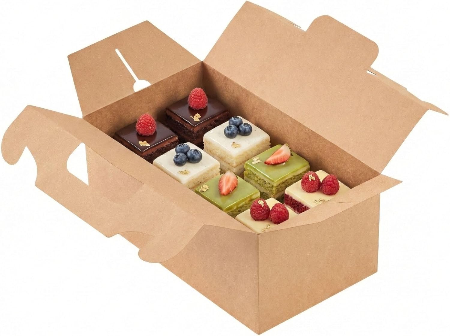 Restaurantware-Bio Tek 10.2 x 5.9 x 6.9 Inch Treat Boxes With Handles, 100 Rectangle Gable Boxes - With Secure Tab, Grease-Resistant, Kraft Paper Cardboard Boxes, Recyclable