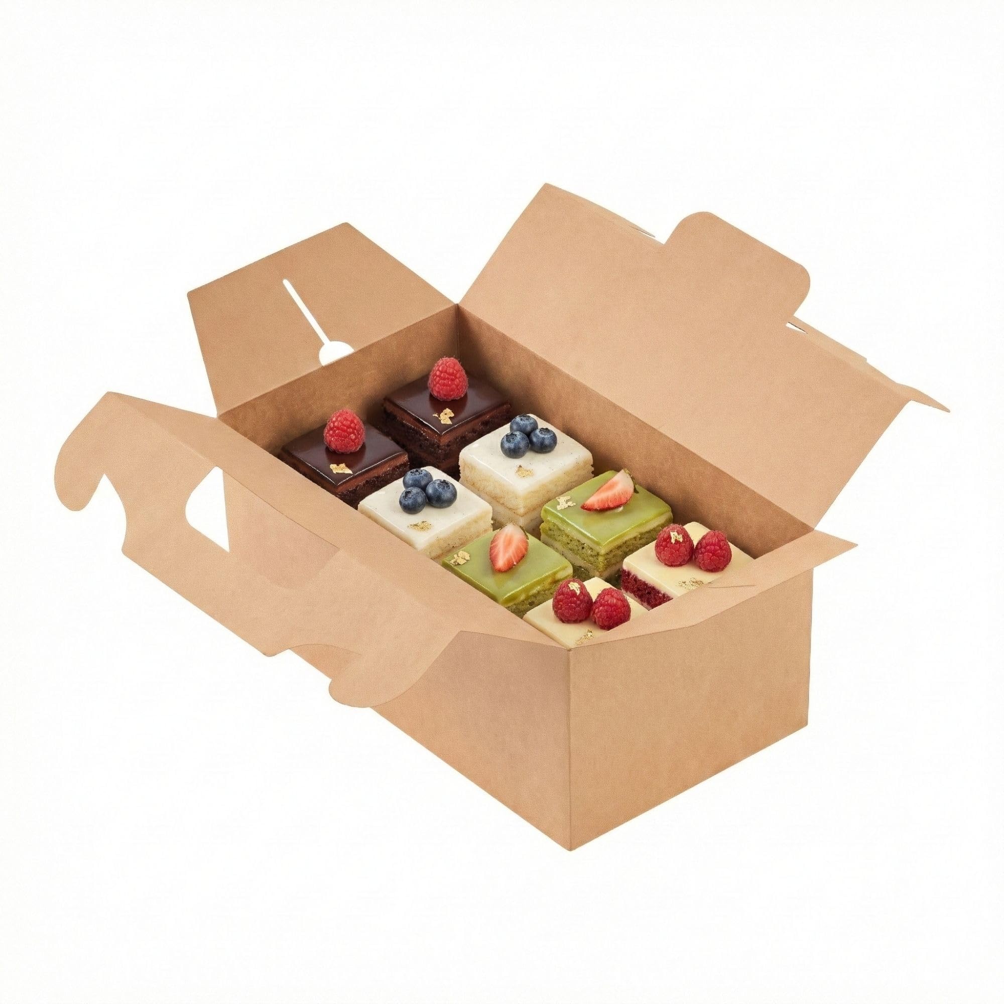 Restaurantware Bio Tek - Cajas de regalo de 10.2 x 5.9 x 6.9 pulgadas con asas, 100 cajas rectangulares a dos aguas, con pestaña segura, cajas de cartón kraft resistentes a la grasa, reciclables