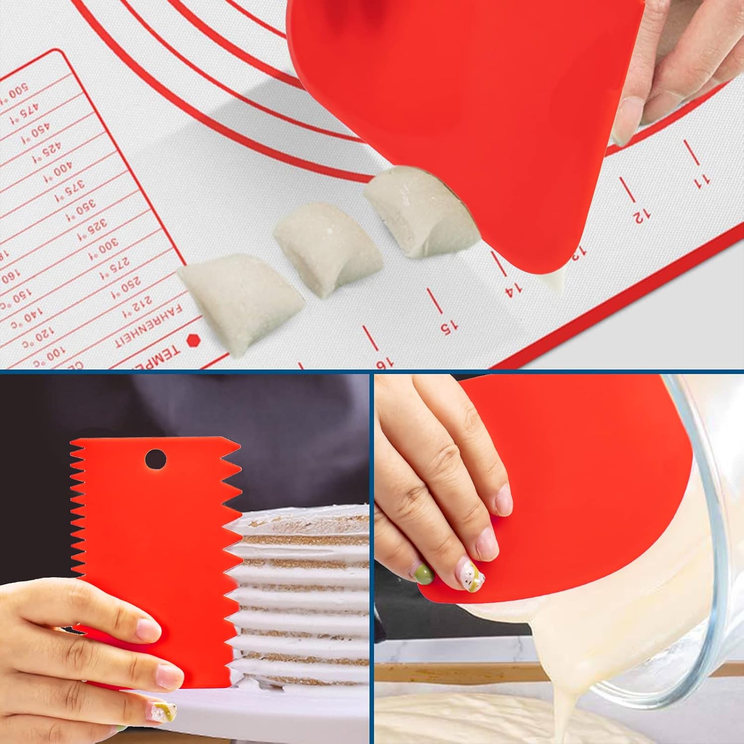Reusable Silicone Baking Mat with 3 Scrapers, 70 x 50 cm, Non-Slip Mat and Utensils for Pastry, Macaroon, Biscuit