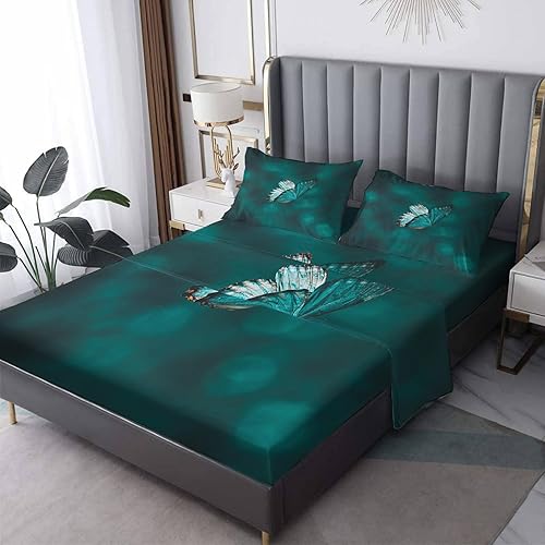 Sábanas de mariposa tamaño Queen, sábanas de insectos con mariposas, sábanas y fundas de almohada de 4 piezas, sábana bajera ajustable de microfibra